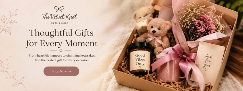 Realistic gift hampers, decorative gift boxes, bouquets, cakes, soft toys, and personalized gifts arranged beautifully for an online gift shop.